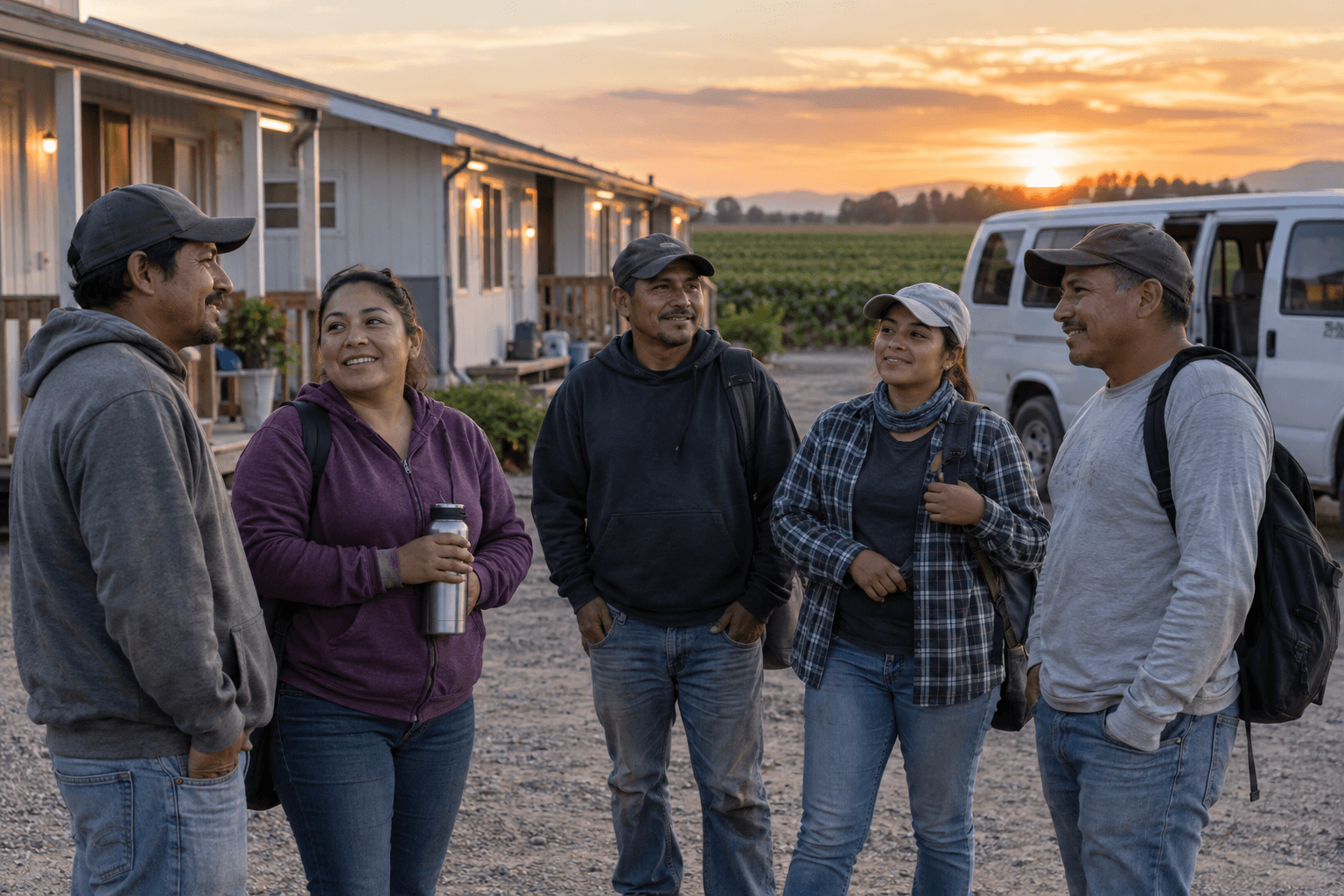 Grupo diverso de trabalhadores agrícolas ao lado de moradia e transporte em uma fazenda americana
