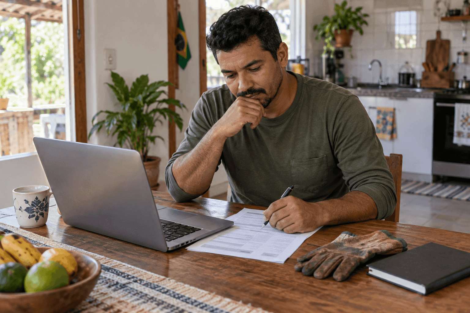 Trabalhador agrícola brasileiro preparando currículo em inglês em uma mesa