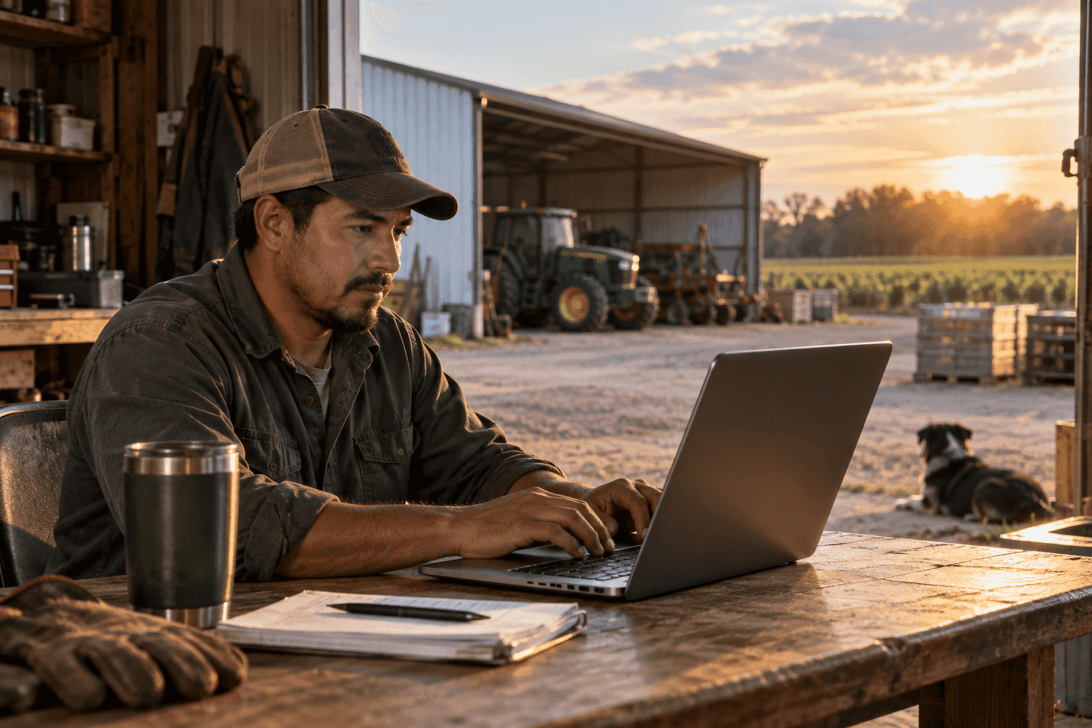 Trabalhador enviando e-mail profissional em um galpão agrícola nos Estados Unidos