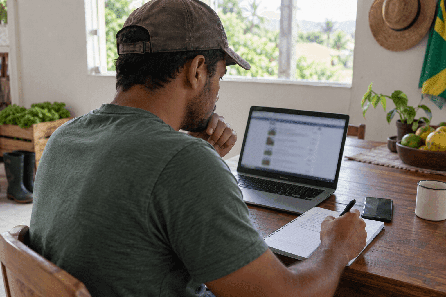 Pessoa brasileira comparando informações de vagas agrícolas oficiais em um computador