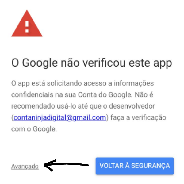Exemplo da tela de login com Google e aviso de verificação